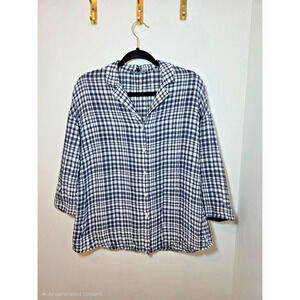 Lafayette 148 Linen Blend Blue Collared Plaid Blouse Size M